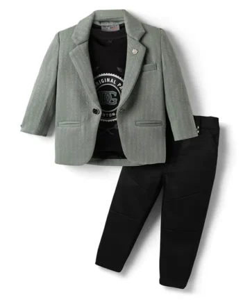 Dapper Dudes Full Sleeves Self Designed Blazer With Typography Printed Tee & Pant Set - Pista Green