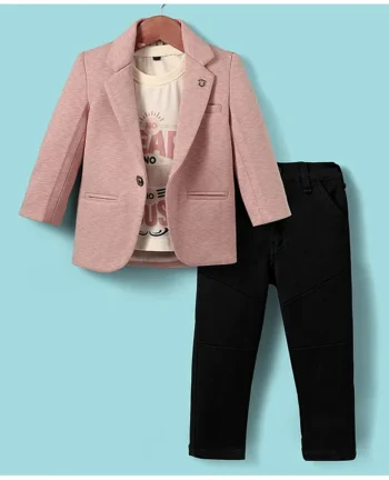 Dapper Dudes Full Sleeves Textured Blazer With Typography Printed Tee & Pant Set - Peach