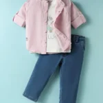 Dapper Dudes Full Sleeves Striped Shirt With Typography Printed Tee & Pant Set - Pink
