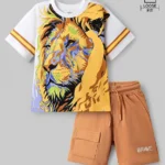 OLLINGTON ST. Cotton Knit Half Sleeves Lion Printed T-Shirt & Knit Shorts Set - Multicolor & Light Brown