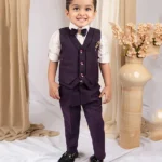 LITTLE COLLARS ITTLE COLLARS Full Sleeves Checked & Geometric Printed 3 Piece Party Suit Set With Bow - Wine