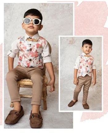 LITTLE COLLARS Blended Full Sleeves Floral Printed 3 Piece Party Suit With Attached Mustache Bow Set - Peach