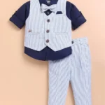 LITTLE COLLARS Cotton Full Sleeves Striped 3 Piece Party Suit Set With Bow - Blue