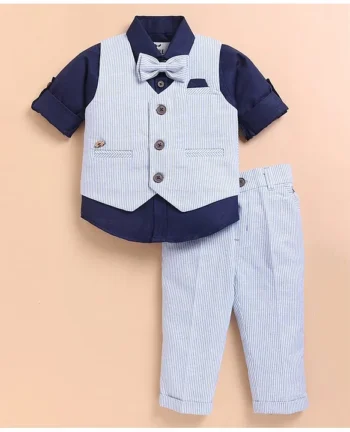 LITTLE COLLARS Cotton Full Sleeves Striped 3 Piece Party Suit Set With Bow - Blue