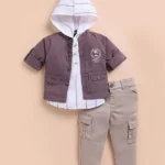 LITTLE COLLARS Cotton Blend Striped Hooded Tee & Full Sleeves Shacket With Pant Set - Lavender & White