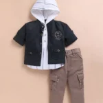 LITTLE COLLARS Cotton Blend Striped Hooded Tee & Full Sleeves Shacket With Pant Set - Green & White