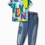 OLLINGTON ST. Knit Half Sleeves Text Printed T-Shirt & Stretchable Denim Joggers - Green & Indigo