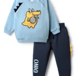 Mark & Mia Terry Knit Full Raglan Sleeves Winter Wear Suit With Dino Applique & Patch Detailing - Sky Blue