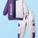 Mark & Mia Terry Knit Full Sleeves Cut & Sew Text Printed Winter Wear Suit with Cargo Pockets - Purple