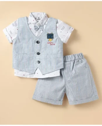 Mini Taurus Knit Half Sleeves 3 Piece Party Suite with Stripes & Attached Bow- Ligt Blue