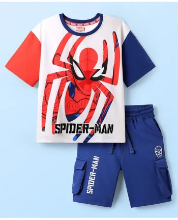 Pine Kids Marvel 100% Cotton Drop Shoulder T-Shirts & Short Set With Spider-Man Graphics - Multicolour