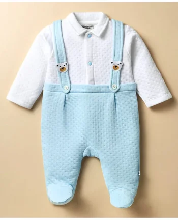 Wonderchild Full Sleeves Teddy Patch Detailed Textured Romper With Attached Suspender - Baby Blue