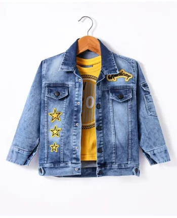 Dapper Dudes Full Sleeves Star Patch Detailed Denim Jacket With Typography Printed Tee - Light Blue