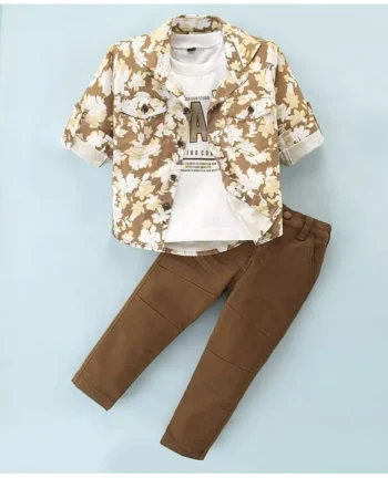 Dapper Dudes Full Sleeves Leaves Printed Shirt With Tee & Pant Set - Mustard