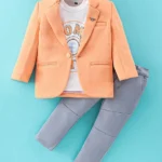 Dapper Dudes Full Sleeves Textured Blazer With Typography Printed Tee & Pant - Orange