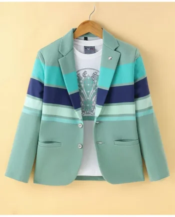 Dapper Dudes Full Sleeves Rugby Striped Blazer With Tee Set - Pista Green
