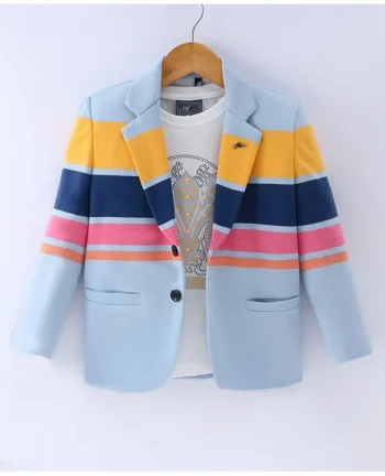 Dapper Dudes Full Sleeves Rugby Striped Blazer With Tee Set - Sky Blue