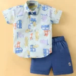 Dapper Dudes Half Sleeves Animals Printed Shirt & Shorts With Bow Set - Pista