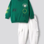 Bonfino 100% Cotton Fleece Drop Shoulder Full Sleeves Text Printed Sweatshirt With Cargo Jogger Set - Green & White