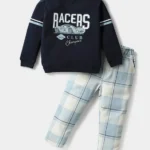 CUCUMBER Cotton Woven Full Sleeves T-Shirt & Pant With Text Print & Checks - Navy Blue