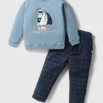 CUCUMBER Cotton Knit Full Sleeves T-Shirt & Checks Trouser Set With Boat Print - Light Blue
