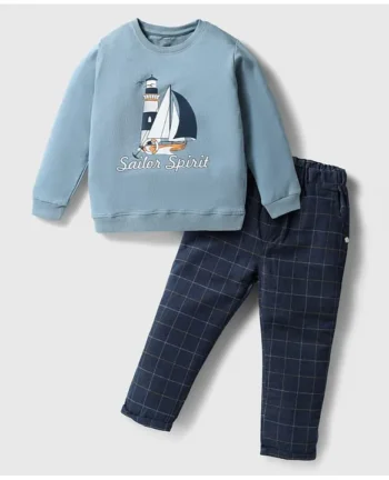 CUCUMBER Cotton Knit Full Sleeves T-Shirt & Checks Trouser Set With Boat Print - Light Blue