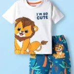 Babyhug Single Jersey Knit Half Sleeves T-Shirt & Shorts Set with Jungle Theme Print - Navy Blue & White