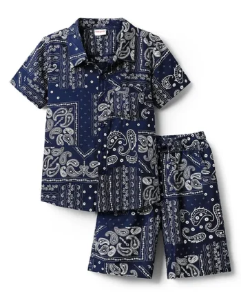Babyhug Rayon Woven Half Sleeves Printed Shirt & Shorts Co-Ord Set - Navy Blue