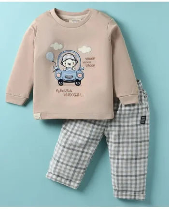 Ollypop Interlock Knit Full Sleeves T-Shirt & Lounge Pant Set With Animal & Car Embroidery - Ivory
