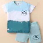 CUCUMBER Sinker Knit Half Sleeves T-Shirt & Short Set With Text Print - Light Blue
