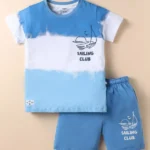 CUCUMBER Sinker Knit Half Sleeves T-Shirt & Short Set With Text Print - Light Blue