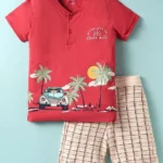 CUCUMBER Sinker Knit Half Sleeves Henley Neck T-Shirt & Shorts Set With Car Print - Red