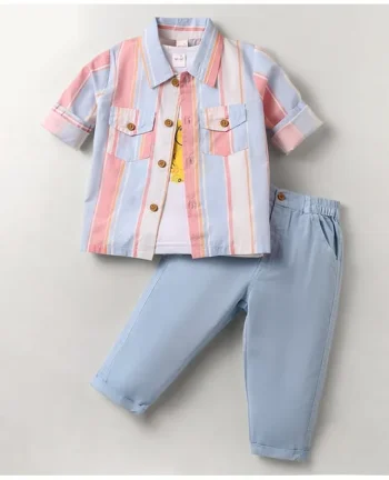 WOW Clothes Sinker Knit Full Sleeves Striped Shirt & Trouser Set With Printed T-Shirt - Light Blue
