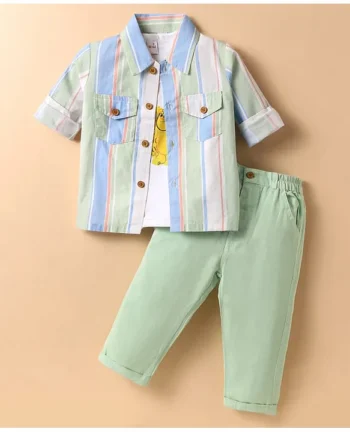 WOW Clothes Sinker Knit Full Sleeves Striped Shirt & Trouser Set With Printed T-Shirt - Light Green