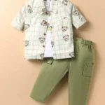 WOW Clothes Sinker Knit Full Sleeves Shirt & Trouser Set With Teddy Bear Print & Sleeveless T-Shirt - Green