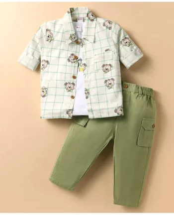 WOW Clothes Sinker Knit Full Sleeves Shirt & Trouser Set With Teddy Bear Print & Sleeveless T-Shirt - Green