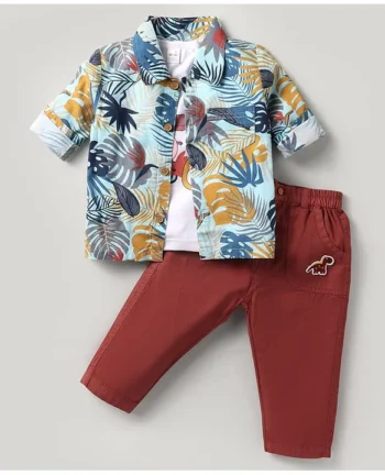 WOW Clothes Sinker Knit Full Sleeves Shirt & Trouser Set With T-Shirt & Leaf Print - Maroon