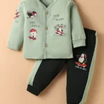 CUCUMBER Sinker Knit Full Sleeves Front Open T-Shirt & Lounge Pant Set With Animal Print - Sea Green & Black