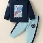 CUCUMBER Sinker Knit Full Sleeves T-Shirt & Bottomwear Set With Skateboard Print - Navy Blue