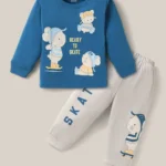CUCUMBER Sinker Knit Full Sleeves T-Shirt & Lounge Pant Set With Animal Print - Light Blue