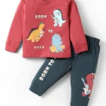 CUCUMBER Sinker knit Full Sleeves T-Shirt & Lounge Pant Set With Dino Print - Red & Grey