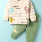 CUCUMBER Sinker Knit Full Sleeves T-Shirt & Lounge Pant Set With Dino Print - Cream & Green