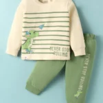 CUCUMBER Sinker Knit Full Sleeves T-Shirt & Lounge Pant Set With Dino Print - Cream & Green