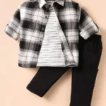 Little Kangaroos Cotton Woven Full Sleeves Checks Shirt & Trouser & Striped T-Shirt - Black