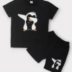 Kiwi Cotton Woven Half Sleeves Baby Penguin Printed Coordinating Tee & Shorts Set - Black
