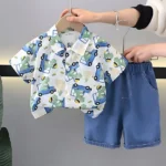 Googo Gaaga Cotton Knit Half Sleeves Jeep & Baby Dinosaur Printed Shirt & Shorts Set - White
