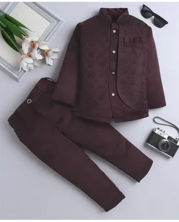 Fourfolds Woven Full Sleeves Abstract Embroidered Jodhpuri & Trousers Set - Wine