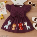 Frocks & Dresses | Maroon Baby Girl Dress with Cute Animal Print | Soft Cotton Party Wear Frock with Bow for Infants & Toddlers | Comfortable Birthday Outfit