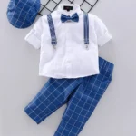 ROBO FRY Robo Fry Full Sleeves Shirt with Checks Trouser, Suspenders & Cap - White Blue