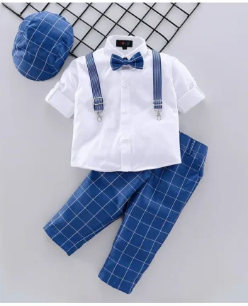 ROBO FRY Robo Fry Full Sleeves Shirt with Checks Trouser, Suspenders & Cap - White Blue